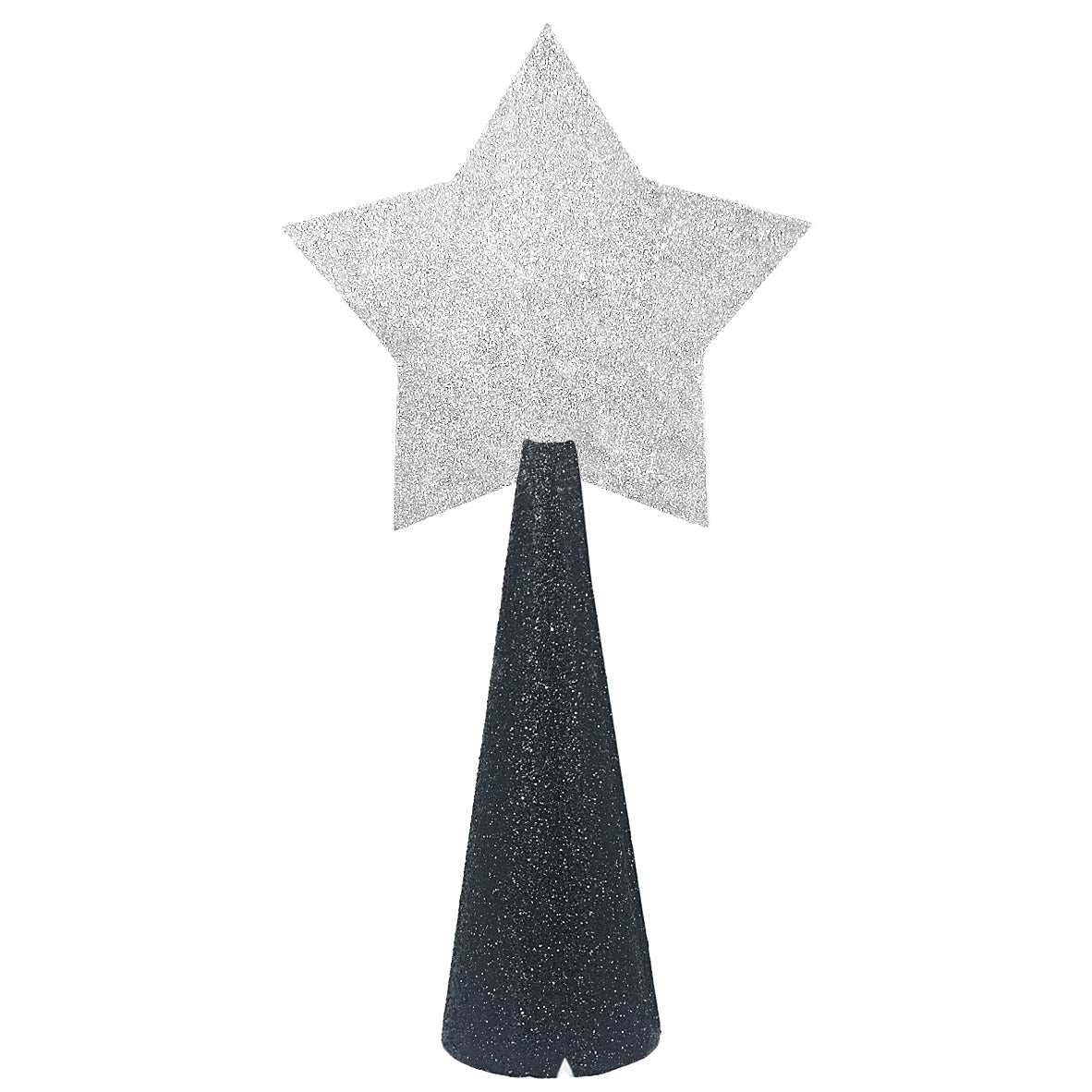 black glitter cone, silver glitter star - back of custom tree topper 