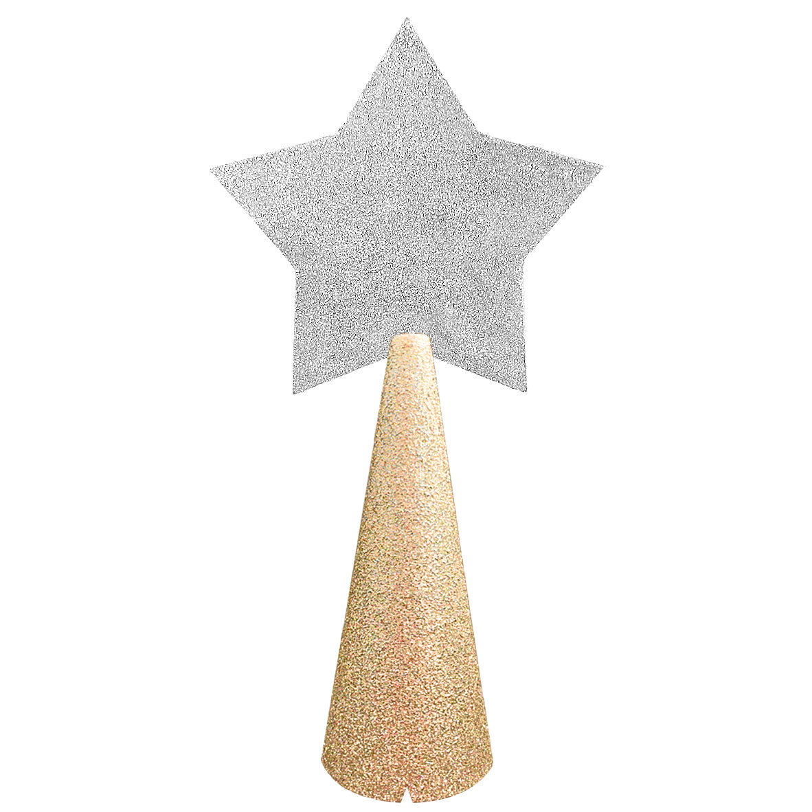 champagne gold glitter cone, silver glitter star - back of custom tree topper