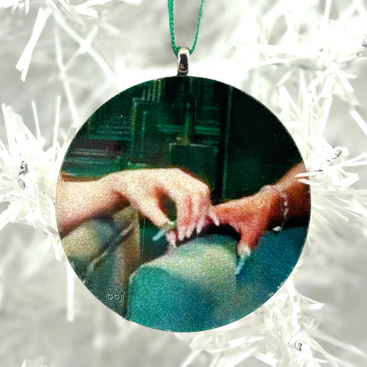 "Wicked nails holding space" on white glitter - Custom image glass and glitter handmade holiday ornament.