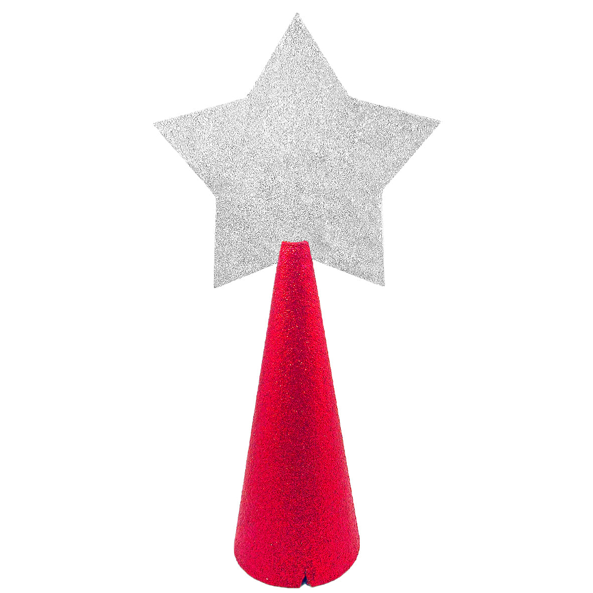 red glitter cone, silver glitter star - back of custom tree topper