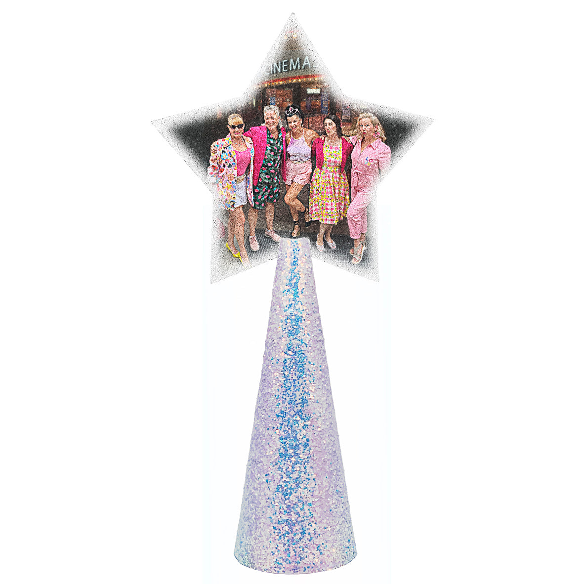 5 women at Barbie movie - sample custom christmas tree topper - star-shaped photo on opal glitter cone