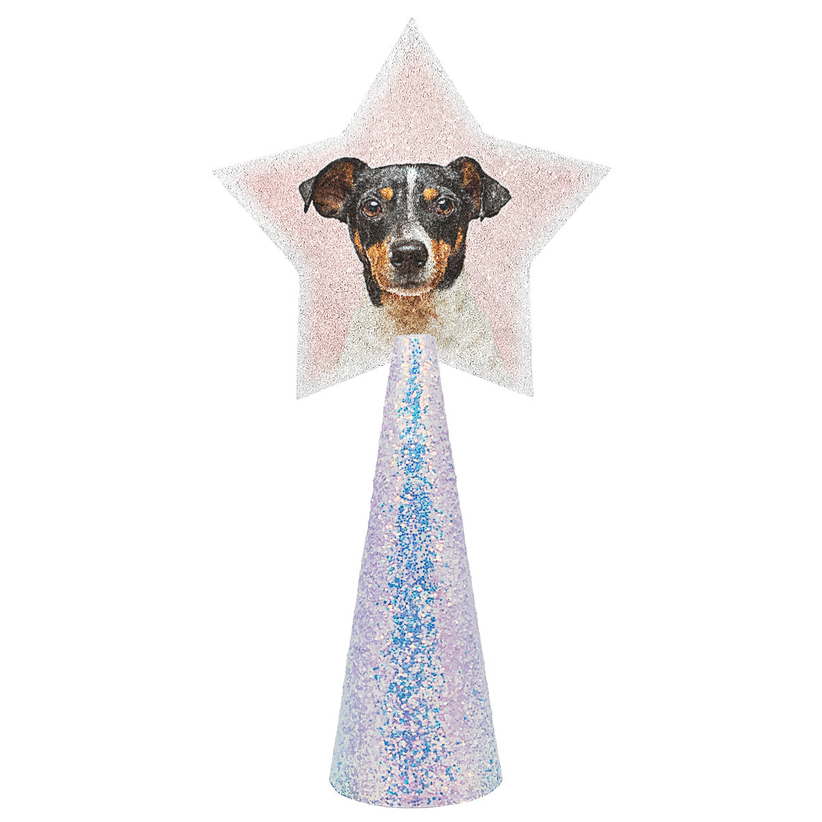 cute terrier close-up - sample custom christmas tree topper - star-shaped photo on opal glitter cone