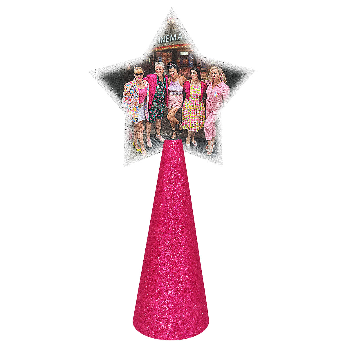 Custom tree topper - with sample friends at Barbie movie photo - hot pink/magenta glitter cone - double-sided front