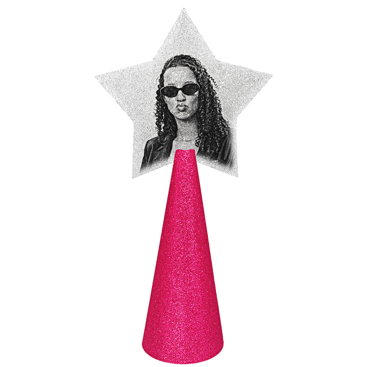 sample custom christmas tree topper - star photo on hot pink glitter cone