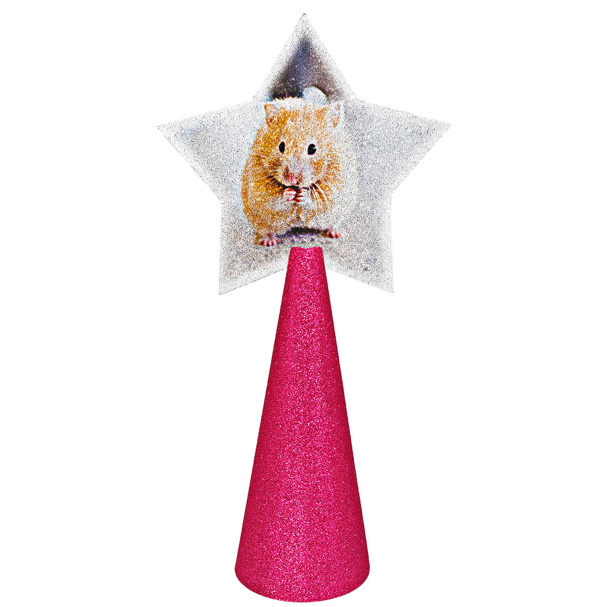 hamster - sample custom christmas tree topper - star-shaped photo on hot pink glitter cone