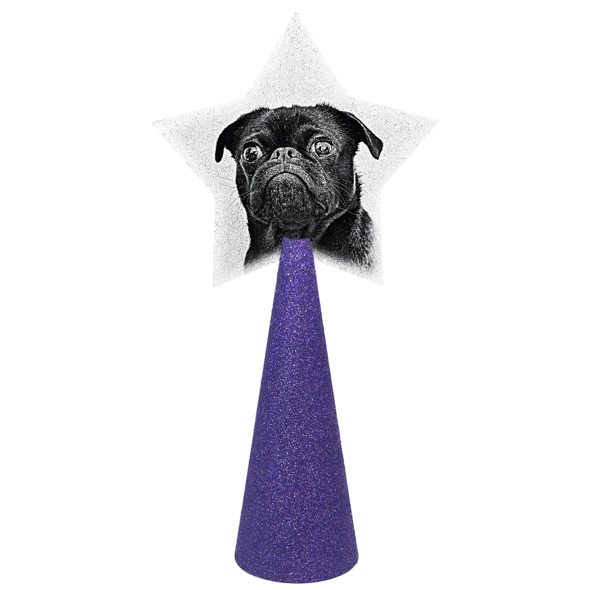 black pug - sample custom christmas tree topper - star-shaped photo on purple glitter cone