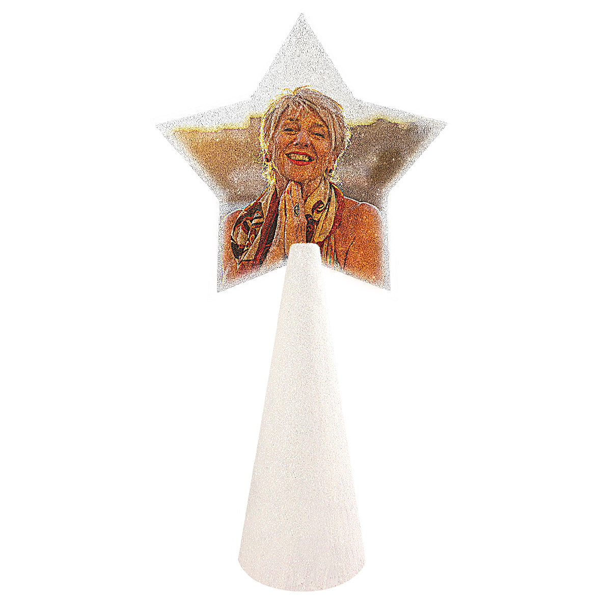 custom sample - christmas tree topper - star photo on warm white glitter cone