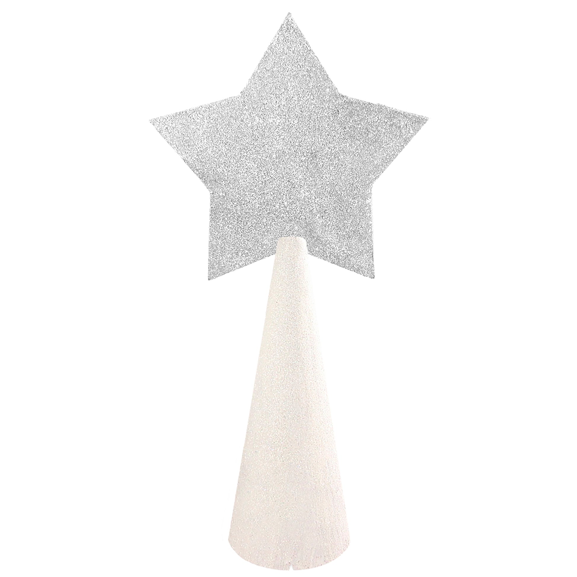 warm white glitter cone, silver glitter star - back of custom tree topper