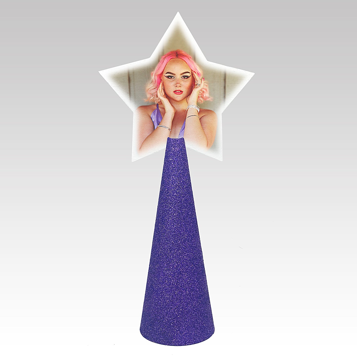 Custom tree topper - White Star with sample model photo - purple glitter cone