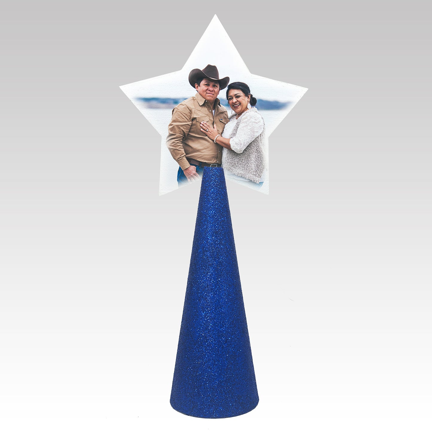 Custom tree topper - White Star with sample couple photo - royal blue glitter cone