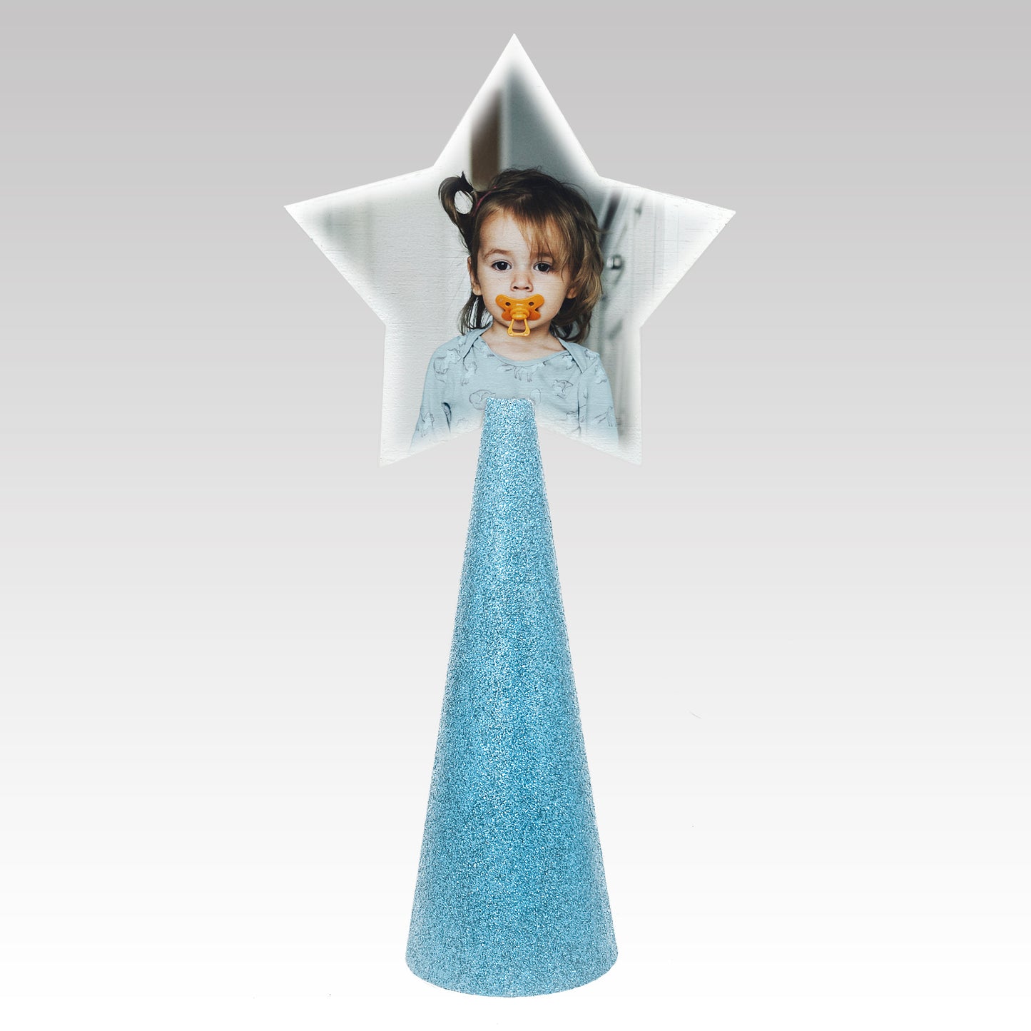 Custom tree topper - White Star with sample toddler photo - ice blue glitter cone
