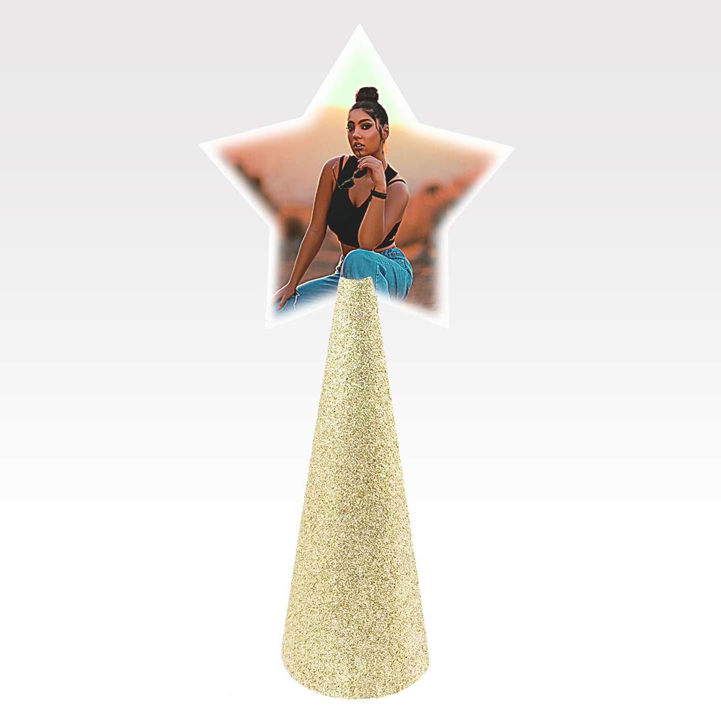 Custom tree topper - White Star with sample photo of woman in desert - champagne gold glitter cone