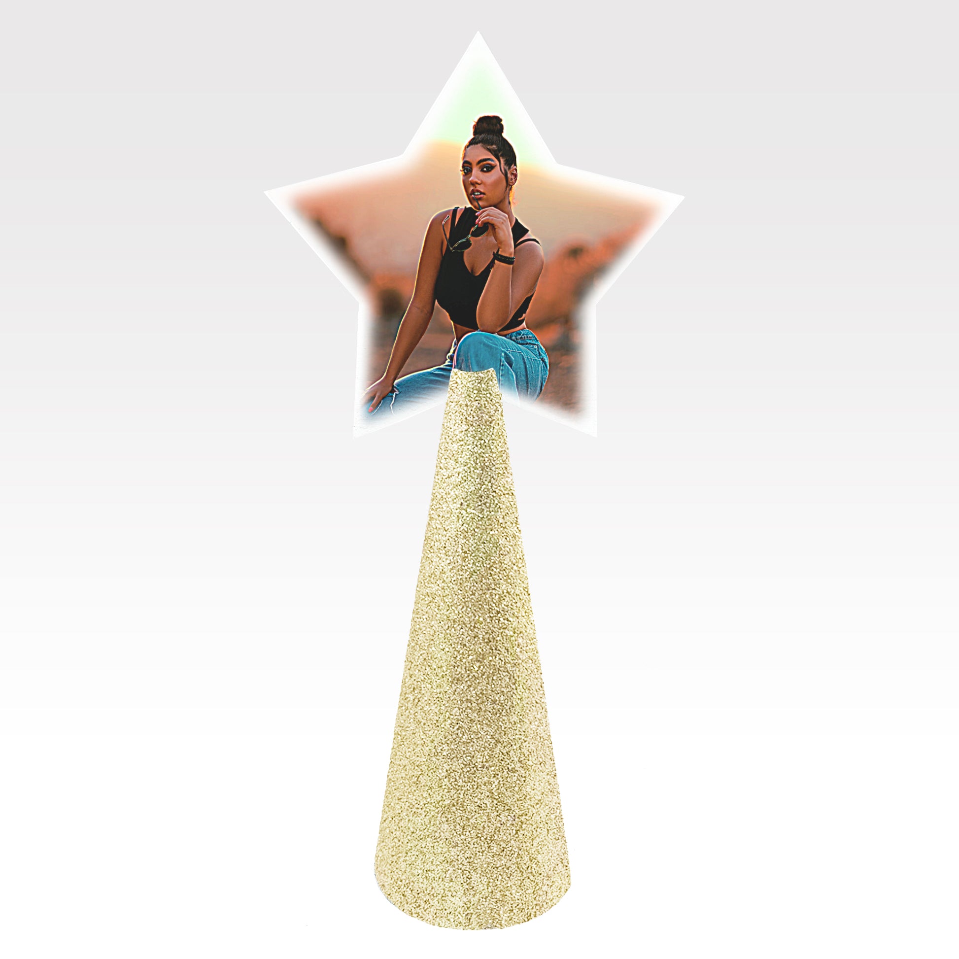 Custom tree topper - White Star with sample photo of woman in desert - champagne gold glitter cone