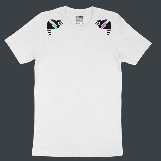white unisex tee with black small graphic raccoons with holographic lightning bolts on shoulders - by BBJ Glitter Garage