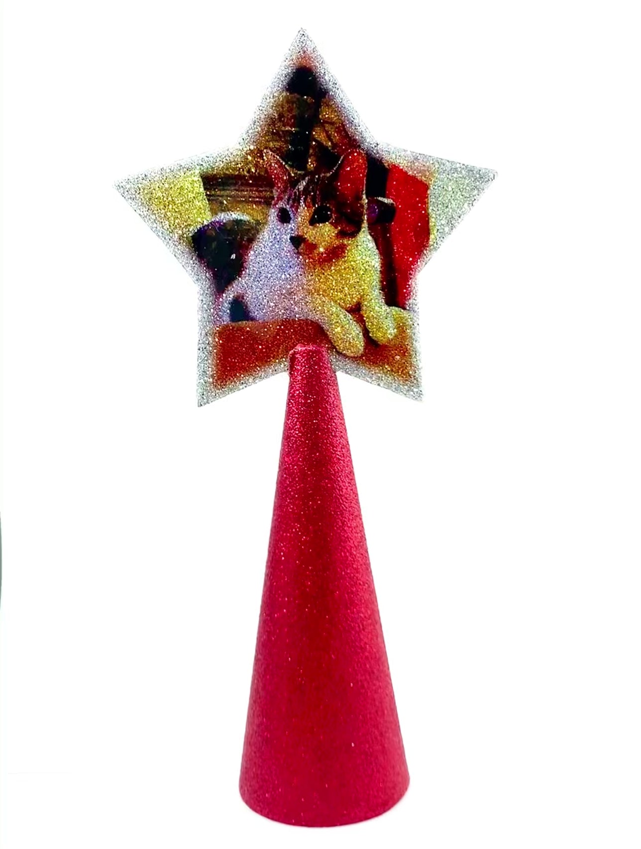 Video of double-sided custom tree topper with 2 cat images on red glitter cone