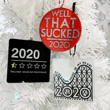 Load image into Gallery viewer, 2020 Sucked Ornament trio - handmade glass and glitter ornaments by BBJ
