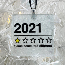 Load image into Gallery viewer, &quot;Same Same, But Different&quot; Ornament for 2021 - square white pearl glitter ornament, 1-star &quot;review&quot; text in black on white background - 1 of 3 handmade glass and glitter ornaments in our 2021 Ornament Trio
