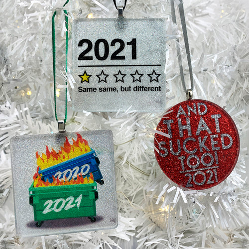 3 handmade glass and glitter ornaments  for 2021 - Dumpster Fires, 