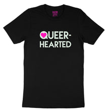 Load image into Gallery viewer, Queer-hearted glow-in-the-dark vinyl text and and neon pink heart on black unisex t-shirt - by BBJ / Glitter Garage
