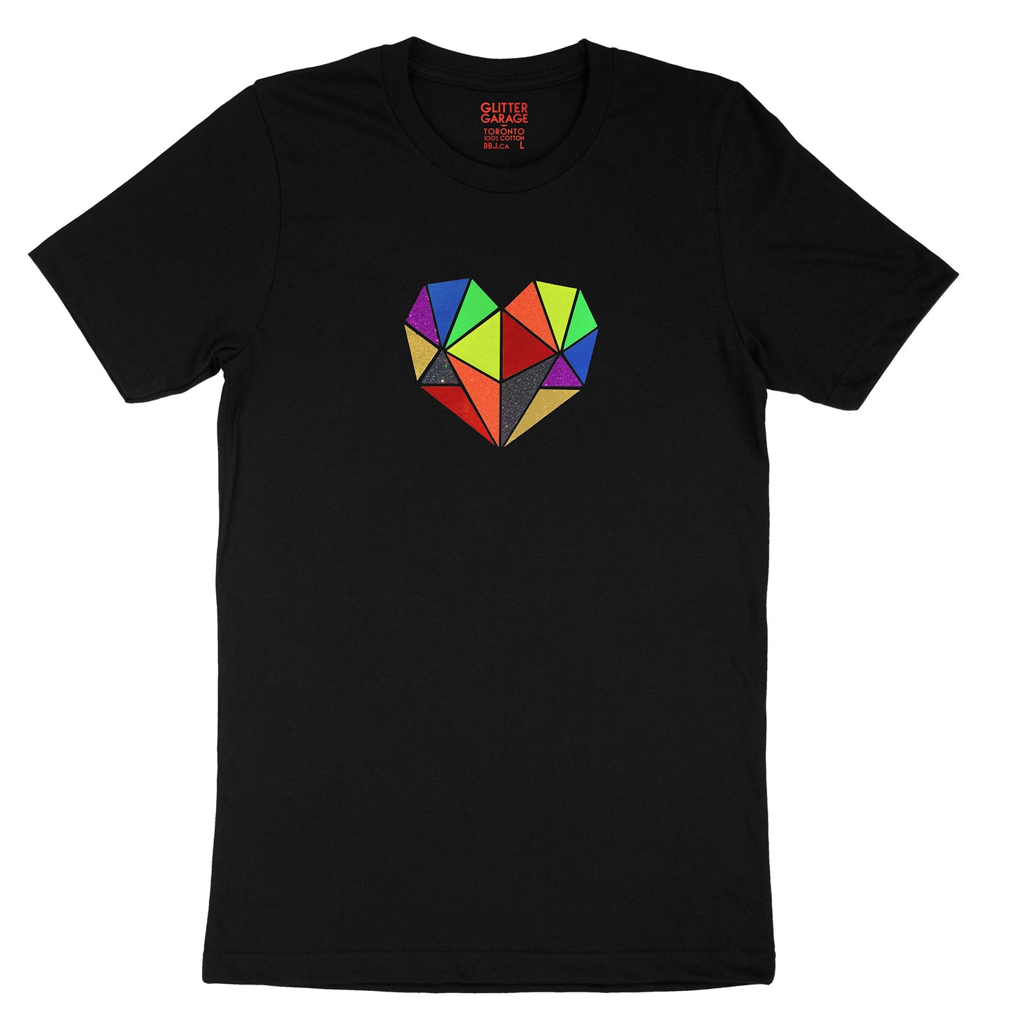 Vibrant rainbow faceted heart design with hand-applied neon, metallic and glitter vinyl on black unisex t-shirt - by BBJ / Glitter Garage