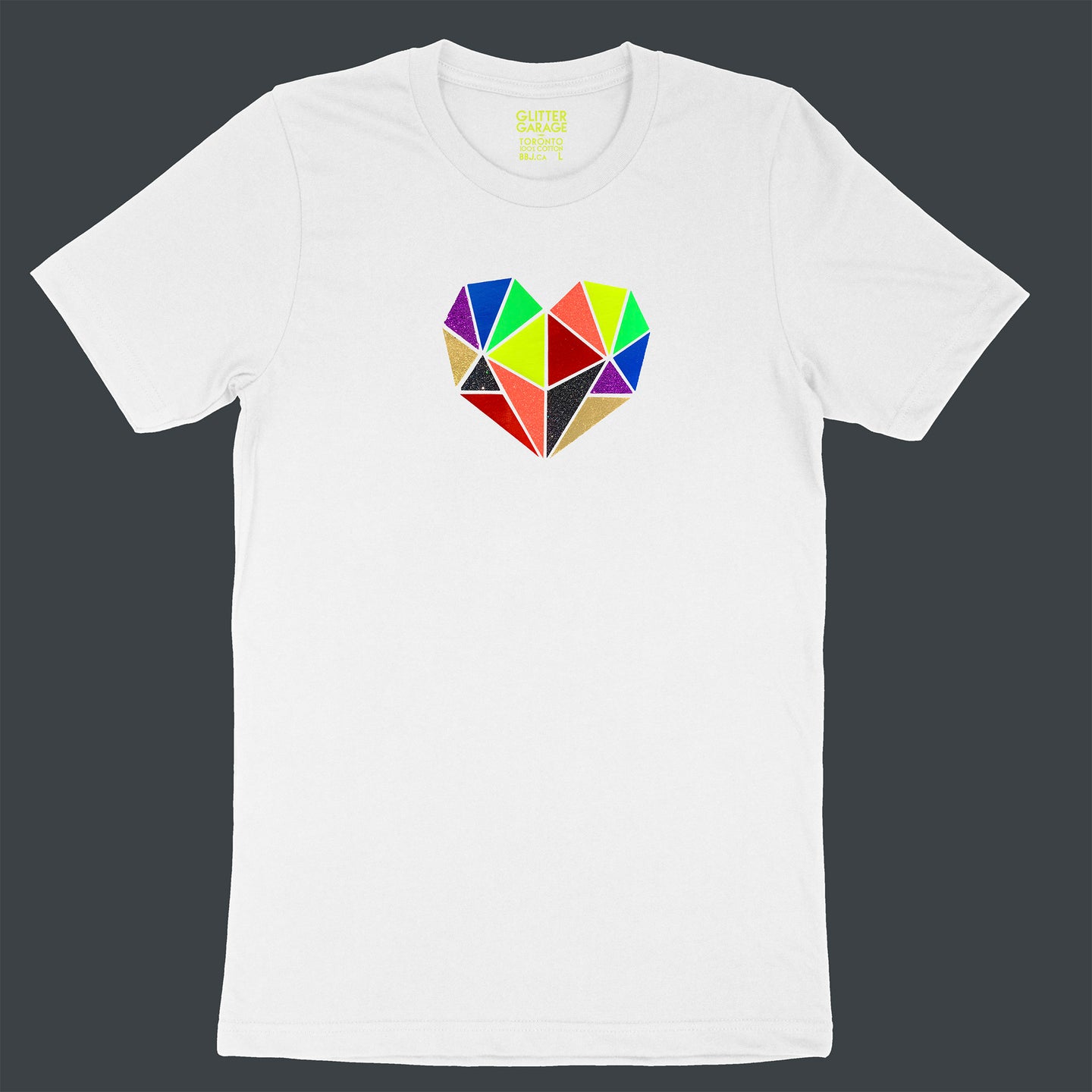 Vibrant rainbow faceted heart design with hand-applied neon, metallic and glitter vinyl on white unisex t-shirt - by BBJ / Glitter Garage