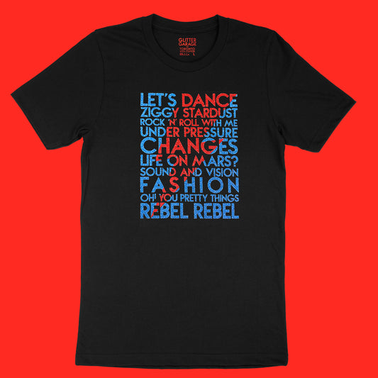 David Bowie song titles with lightning bolt icon red and blue glitter text on black unisex t-shirt - Customizable YourTen Custom David Bowie icon tee by BBJ / Glitter Garage
