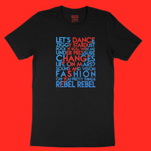 Load image into Gallery viewer, David Bowie song titles with lightning bolt icon red and blue glitter text on black unisex t-shirt - Customizable YourTen Custom David Bowie icon tee by BBJ / Glitter Garage
