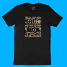 Load image into Gallery viewer, Dolly Parton songs - house -  gold glitter text on black unisex t-shirt - YourTen tee by BBJ / Glitter Garage
