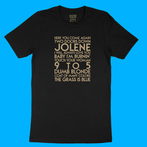 Dolly Parton songs - house -  gold glitter text on black unisex t-shirt - YourTen tee by BBJ / Glitter Garage