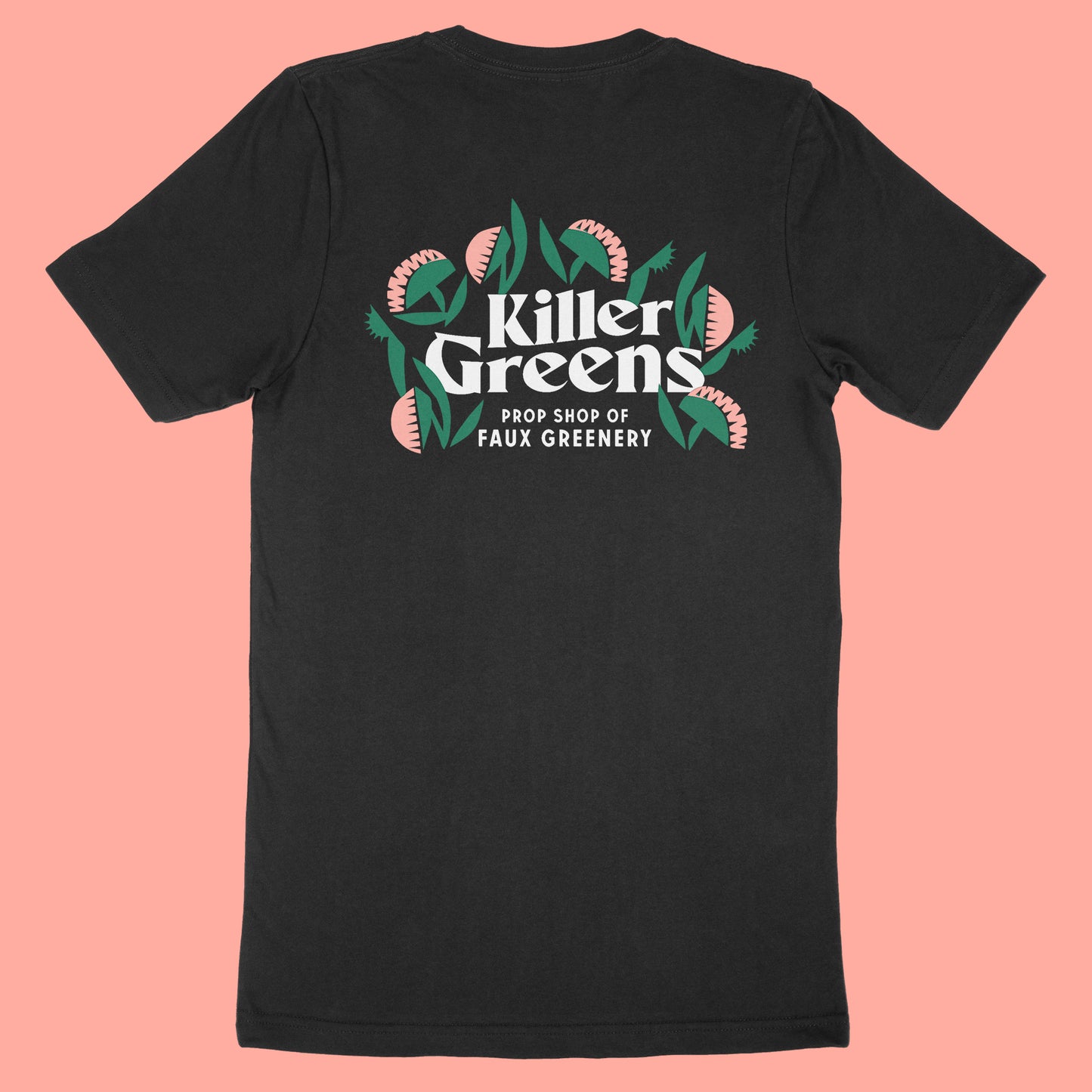 Black premium unisex tee shirt with large Killer Greens logo on back in white, green and melon vinyl by BBJ / Glitter Garage