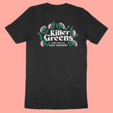 Load image into Gallery viewer, Black premium unisex tee shirt with large Killer Greens logo on back in white, green and melon vinyl by BBJ / Glitter Garage
