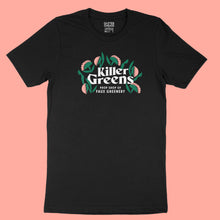 Load image into Gallery viewer, Black premium unisex tee shirt with large Killer Greens logo in white, green and melon vinyl by BBJ / Glitter Garage
