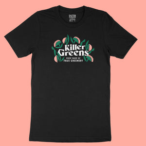 Black premium unisex tee shirt with large Killer Greens logo in white, green and melon vinyl by BBJ / Glitter Garage