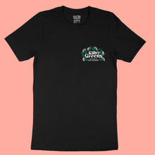 Load image into Gallery viewer, Black premium unisex tee shirt with small Killer Greens logo on chest in white, green and melon vinyl by BBJ / Glitter Garage
