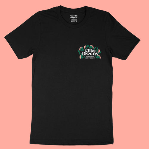 Black premium unisex tee shirt with small Killer Greens logo on chest in white, green and melon vinyl by BBJ / Glitter Garage