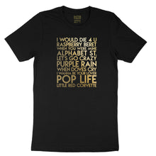 Load image into Gallery viewer, Prince songs - house -  gold metallic text on black unisex t-shirt - YourTen tee by BBJ / Glitter Garage
