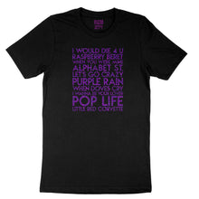 Load image into Gallery viewer, Prince songs - house -  purple glitter text on black unisex t-shirt - YourTen tee by BBJ / Glitter Garage
