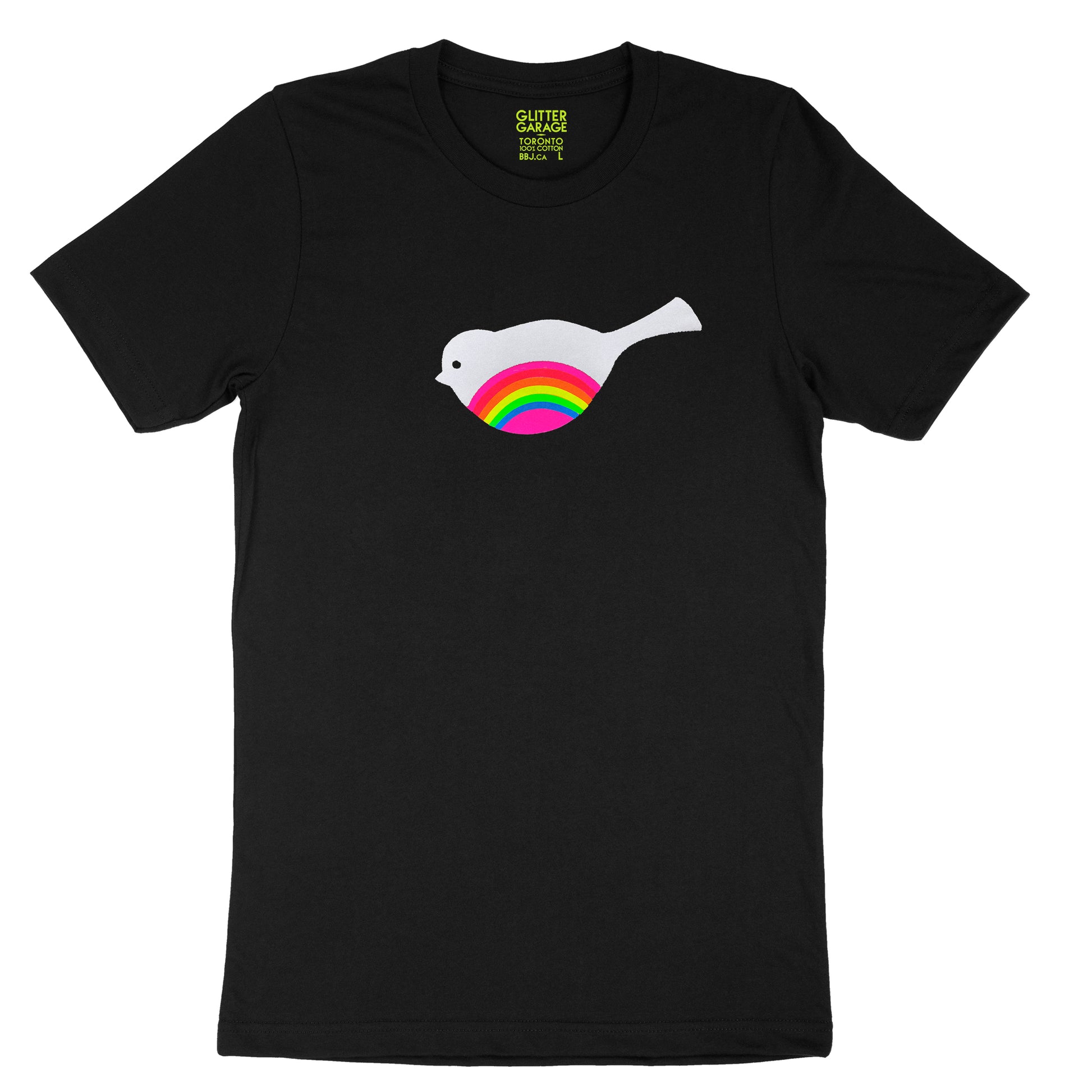 fuzzy white bird with neon rainbow striped belly on black unisex tee by BBJ / Glitter Garage