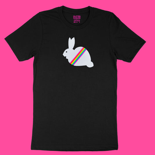 fuzzy white bunny with neon rainbow stripe on black unisex tee by BBJ / Glitter Garage