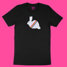Load image into Gallery viewer, fuzzy white bunny with neon rainbow stripe on black unisex tee by BBJ / Glitter Garage
