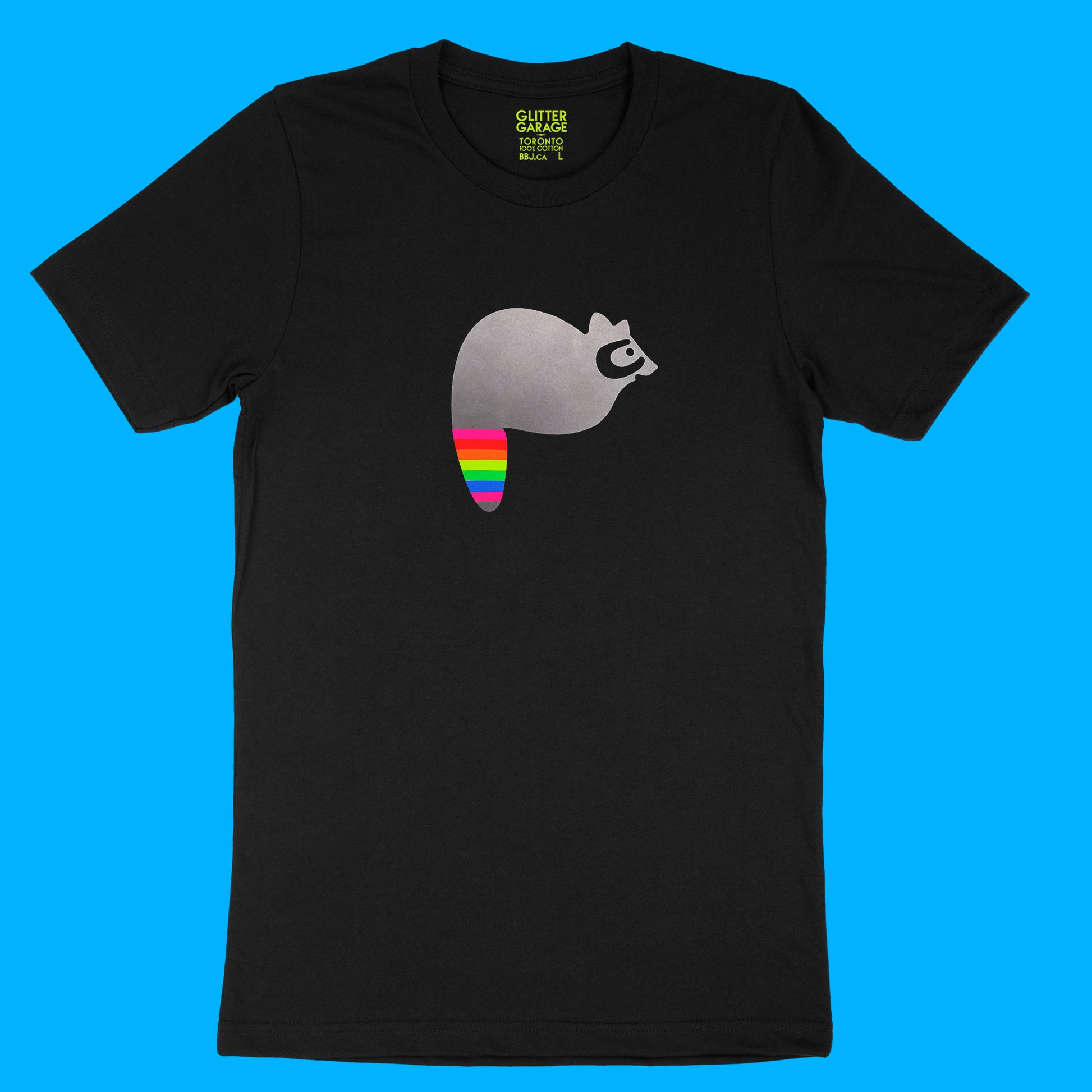 fuzzy grey raccoon with neon rainbow striped tail on black unisex tee by BBJ / Glitter Garage