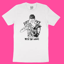 Load image into Gallery viewer, White unisex cotton t-shirt with Furiosa illustration, &quot;Don&#39;t Fuck With The Ladies&quot; text in black by BBJ / Glitter Garage
