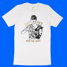 Load image into Gallery viewer, White unisex cotton t-shirt with Furiosa illustration in black, &quot;Don&#39;t Fuck With The Ladies&quot; text with metallic gold overlay by BBJ / Glitter Garage

