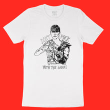 Load image into Gallery viewer, White unisex cotton t-shirt with Furiosa illustration in black, &quot;Don&#39;t Fuck With The Ladies&quot; text with metallic silver overlay by BBJ / Glitter Garage
