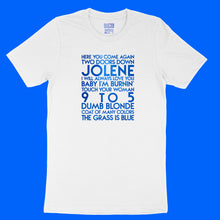 Load image into Gallery viewer, Dolly Parton songs - house -  blue metallic text on white unisex t-shirt - YourTen tee by BBJ / Glitter Garage
