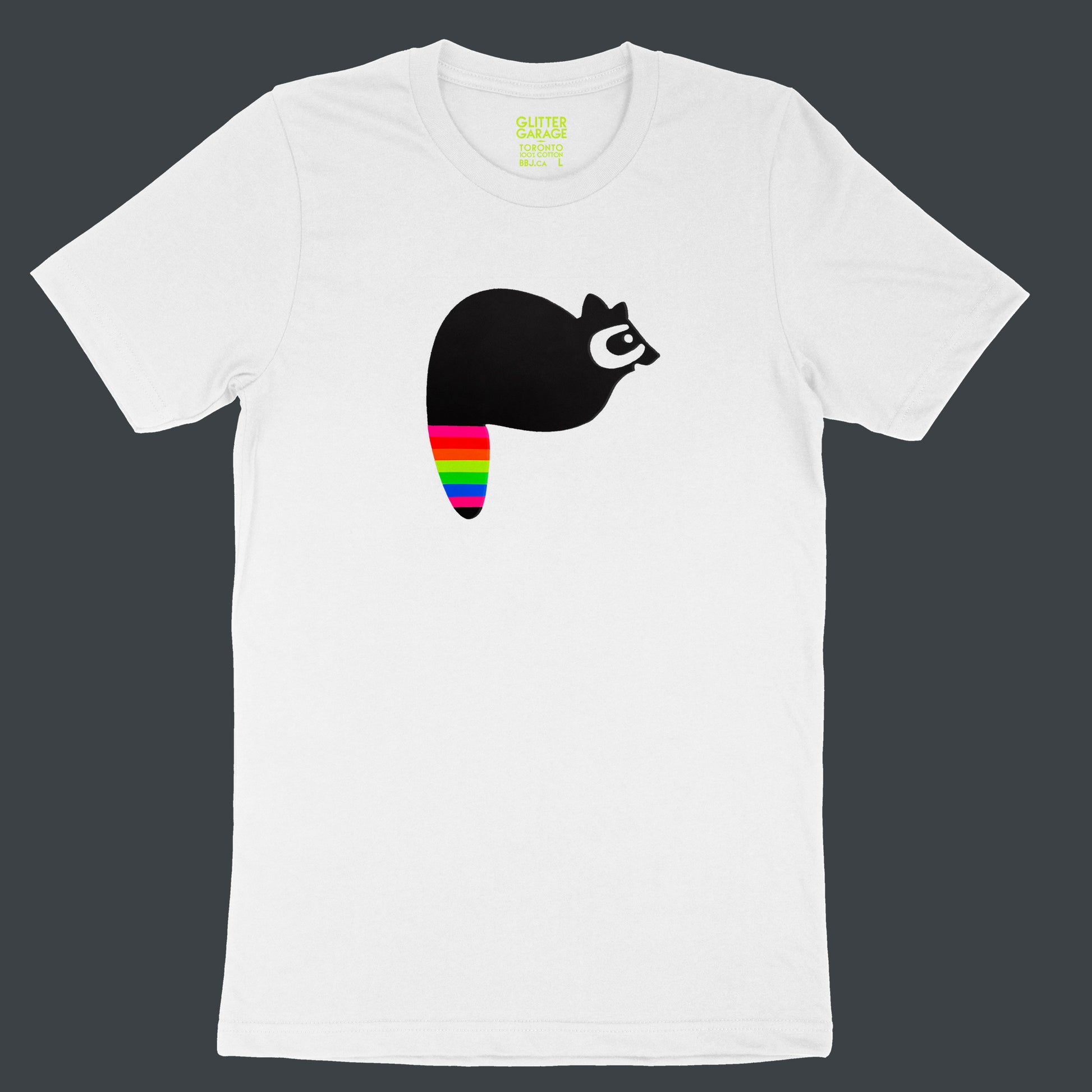 fuzzy black raccoon with neon rainbow striped tail on white unisex tee by BBJ / Glitter Garage