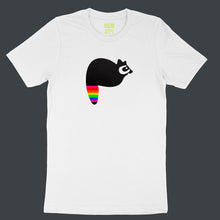 Load image into Gallery viewer, fuzzy black raccoon with neon rainbow striped tail on white unisex tee by BBJ / Glitter Garage
