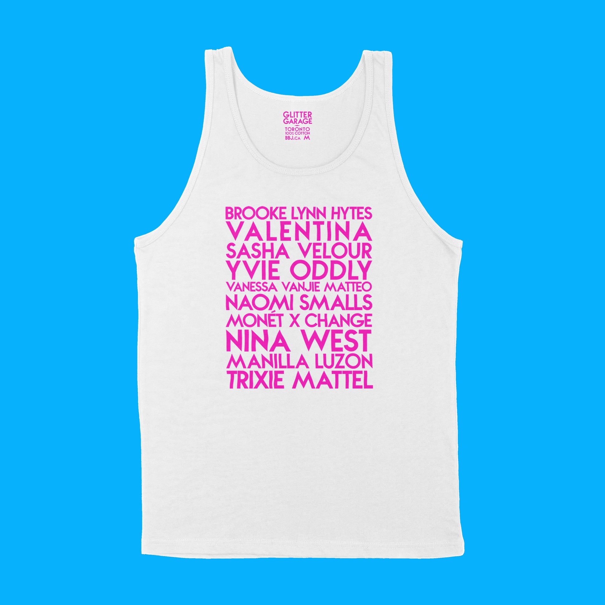 custom sample - my queens - neon pink matte custom text on white tank shirt - Custom YourTen tank by BBJ / Glitter Garage