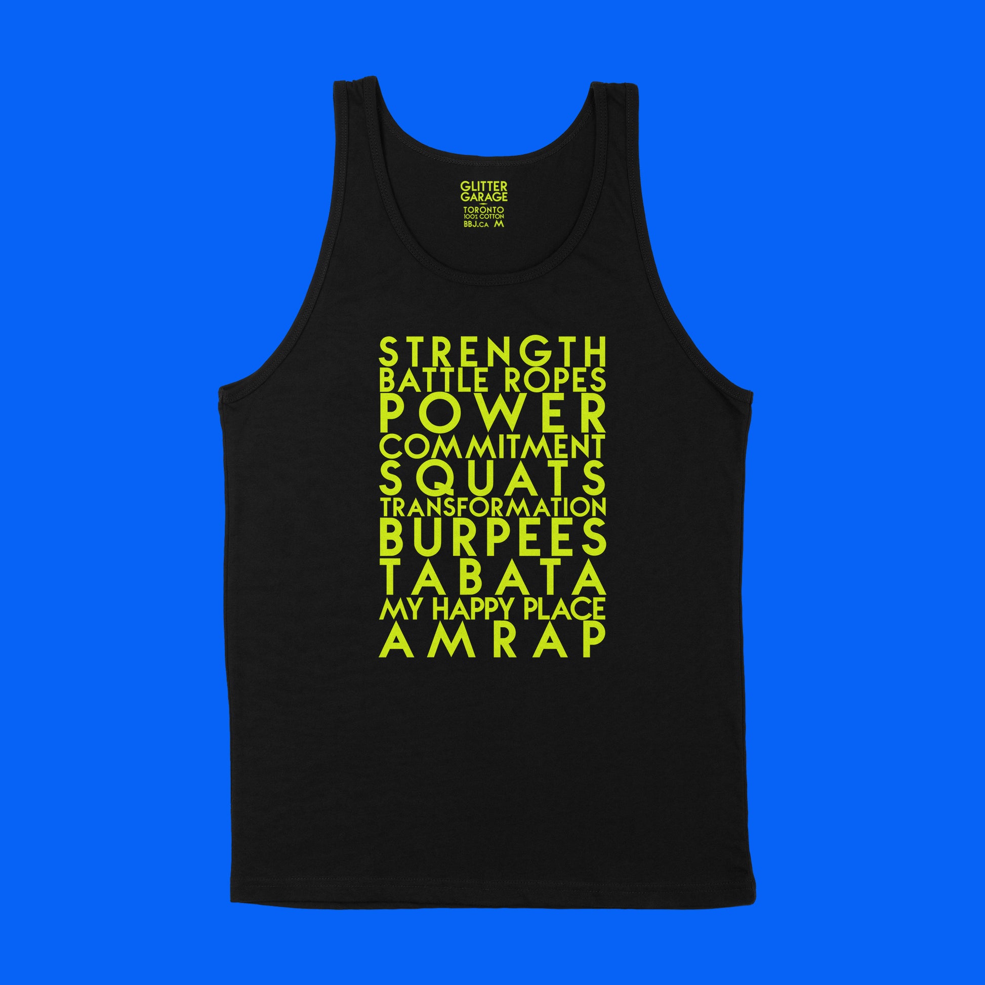 custom sample  - gym jargon - neon yellow matte custom text on black tank shirt - Custom YourTen tank by BBJ / Glitter Garage