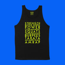 Load image into Gallery viewer, custom sample  - gym jargon - neon yellow matte custom text on black tank shirt - Custom YourTen tank by BBJ / Glitter Garage
